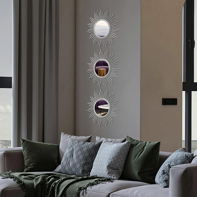 3 Set Sunburst Mirrors for Wall Decor Living Room Bedroom Bathroom Dining Room Metal Boho Sunburst Wall Mirror Set Gold Metal Vintage Circle Art Pack - Silver 11.8 in