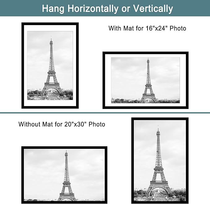 iRahmen 20x30 Poster Frame Set of 2 with Plexiglass, Black Wood Frames for Wall Mounting Display Picture 16x24 with Mat or 20 x 30 Without Mat