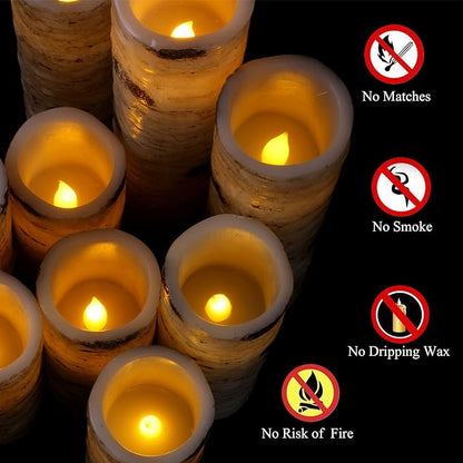 antizer Flameless Candles Birch Bark Effect Battery Operated Candles 4" 5" 6" 7" 8" 9" Set of 9 Real Wax Pillar LED Candles Each Candle 2.2" Diameter with 10-Key Remote Control 2/4/6/8 Hours Timer