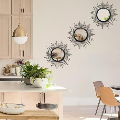 3 Set Sunburst Mirrors for Wall Decor Living Room Bedroom Bathroom Dining Room Metal Boho Sunburst Wall Mirror Set Gold Metal Vintage Circle Art Pack - Black 15.7 in