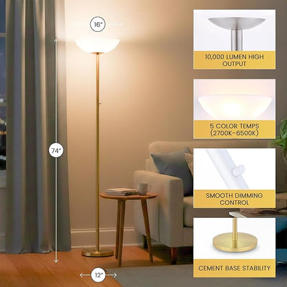 Modern Floor Superlamp 10000 Lumen - LED 75W, Dimmable 5 Changing Color, 85 CRI All Around Light, Tall Corner Standing Lamp with Cement Base and Acrylic Shade, Glare Free UpLight Kit Ready - Black