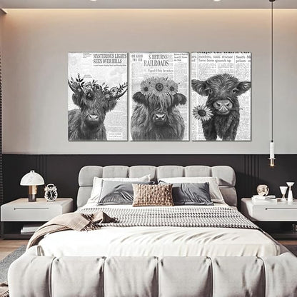 Black and White Highland Cow Canvas Wall Art 3 Panel Rustic Floral Highland Cow Poster Wall Decor Vintage Funny Farm Animal Artwork for Country Apartment Living Room Hotel Decoration 24x36inchx3pcs