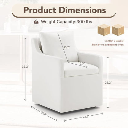 KISLOT Upholstered Dining Chairs Set of 2, Modern Dining Room Chairs with Casters & Washable Cover, Rolling Accent Chair with Hidden Storage for Kitchen, Farmhouse, Living Room, White, 2 Box