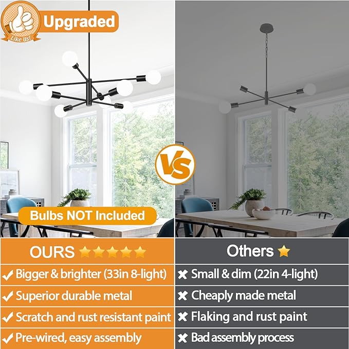 10.9"-52.3" Height Adjustable Sputnik Chandeliers Dining Room Light Fixture (8-Light, 30-Inch), Modern Black Chandelier, Mid Century Modern Chandeliers for Dining Room Kitchen (Bulbs Not Included)