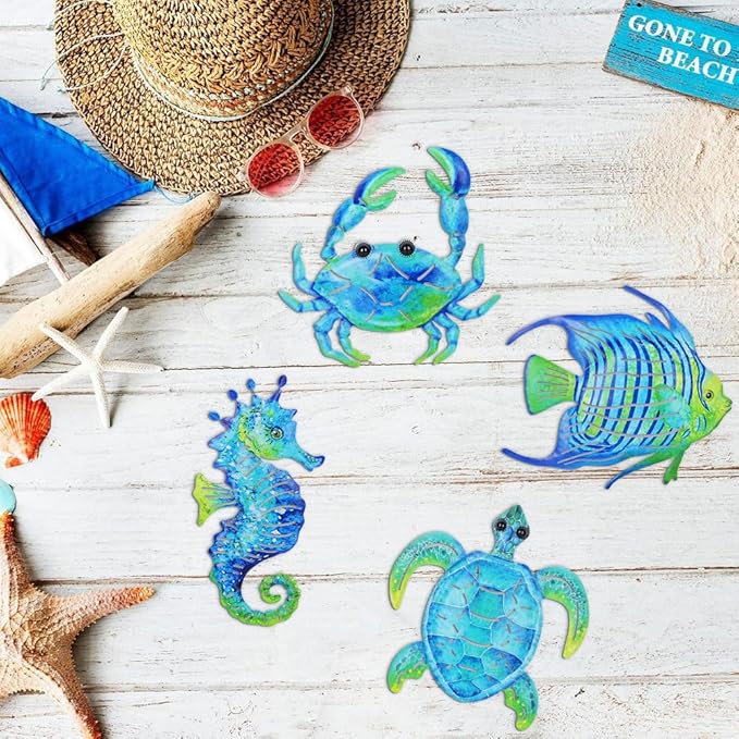 Coastal Decor Metal Wall Art, Ocean Theme Outdoor Wall Decor, Crab Seahorse Sea Turtle Metal Fish Nautical Wall Decor for Pool Fence Bathroom Indoor Garden Yard Kitchen (Set of 4)