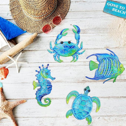 Coastal Decor Metal Wall Art, Ocean Theme Outdoor Wall Decor, Crab Seahorse Sea Turtle Metal Fish Nautical Wall Decor for Pool Fence Bathroom Indoor Garden Yard Kitchen (Set of 4)
