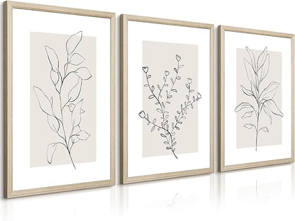 Neutral Botanical Prints Wall Art Decor Plant Minimalist Canvas Pictures Vintage Beige Wall Art Modern Farmhouse Line Poster Boho Abstract Painting Artwork for Bedroom 24x36 Inch Framed Set of 3
