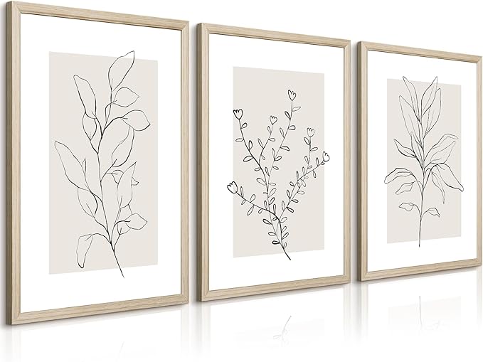 Neutral Botanical Prints Wall Art Decor Plant Minimalist Canvas Pictures Vintage Beige Wall Art Modern Farmhouse Line Poster Boho Abstract Painting Artwork for Bedroom 16x24 Inch Framed Set of 3