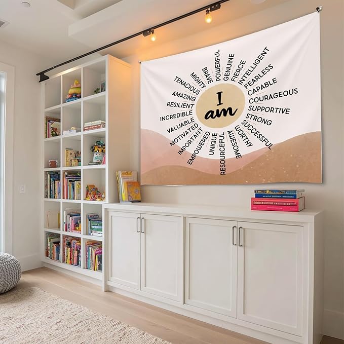 Soft Flannel Wall Tapestry – I Am Kind ,I Am Strong Inspirational Tapestry,Boho Wall Hanging Decor for Bedroom Living Room Kids Room Decor,Birthday Party Wall Art Decoration 59x51 inch (Colorful-You are kind) (Orange-I am)