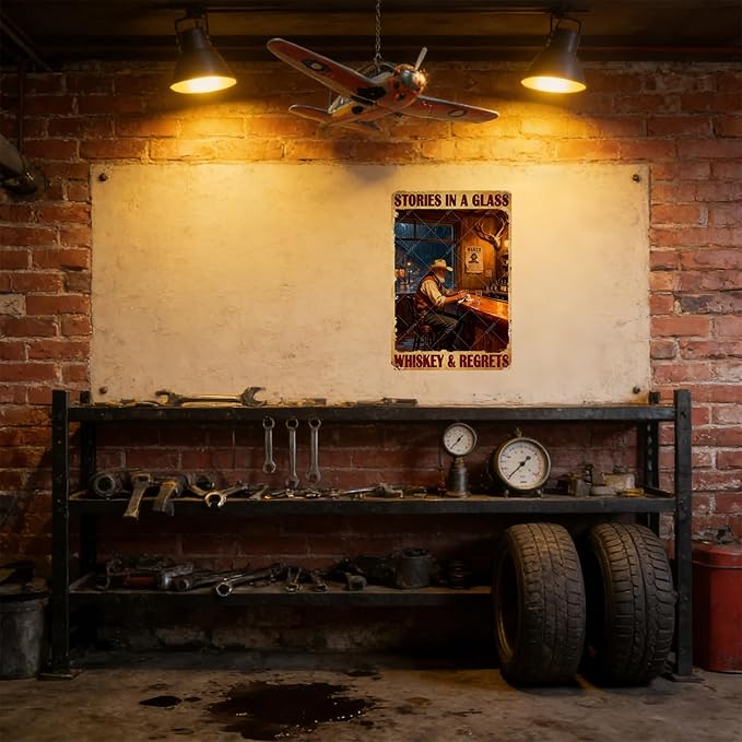 Western Cowboy Metal Tin Sign Rustic Wall Decor Vintage Stories In A Glass Retro Art Iron Painting for Home Bar Man cave 12x8 Inch