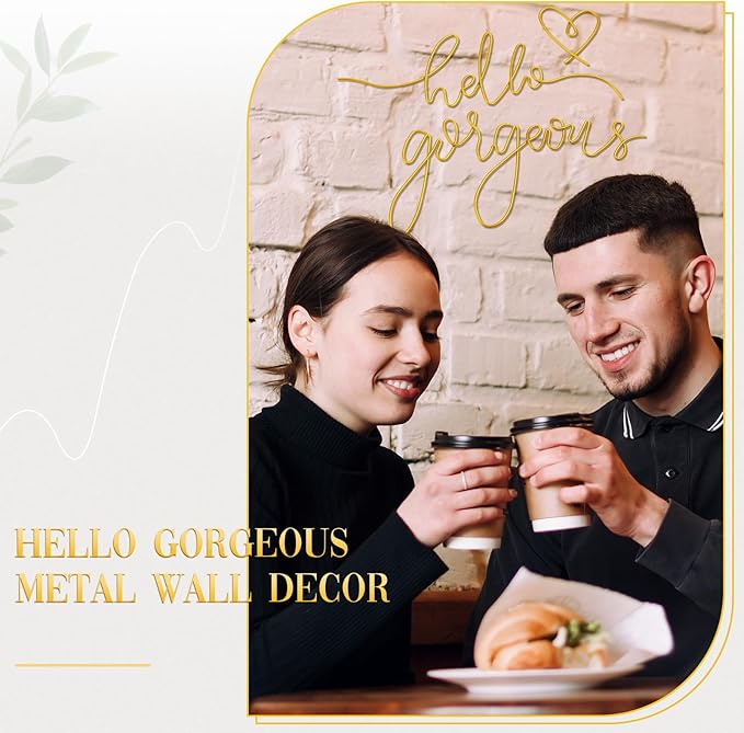 Hicarer Metal Hello Gorgeous Wall Art Minimalist Decor for Bedroom Bathroom Living Room Dressing Room Salon Office Home Decorations Easy to Install Wall Decor(Gold,Classic Style)
