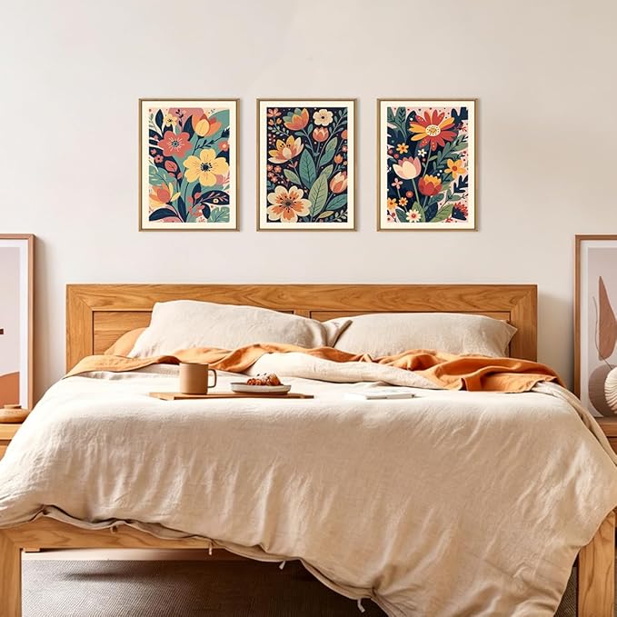 KAIRNE Vintage Colorful Floral Framed Canvas Wall Art Set,Mid Century Modern Flower Wall Decor,Retro Wildflower Art Prints,Boho Botanical Artwork for Living Room,Bedroom,Farmhouse,Office-12 x16 x3