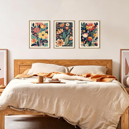 KAIRNE Vintage Colorful Floral Framed Canvas Wall Art Set,Mid Century Modern Flower Wall Decor,Retro Wildflower Art Prints,Boho Botanical Artwork for Living Room,Bedroom,Farmhouse,Office-12 x16 x3