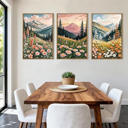ANHUIB Colorful Landscape Wall Art 16x24 Inch Abstract Mountain Forest Wall Decor Wildflower Blossom Artwork Nature Scenery Painting Set of 3 for Living Room Bedroom Dining Room
