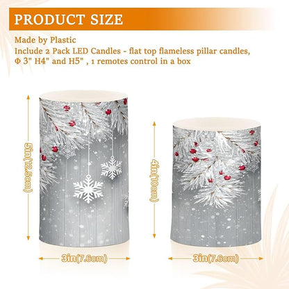 ALAZA Silver Christmas Tree Snowflake Flickering Flameless Candles Battery Operated with Remote Timer,Tea Light Candles LED Pillar Votive Candles Set of 2 for Outdoor Indoor Decorations
