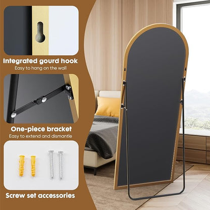 DUMOS Arched Full Length Mirror with Stand 71"x26" Floor Standing Aluminum Frame for Bedroom Body Hanging Leaning Modern Simple Home Decor Shatter-proorf Nano Glass Wall Living Room Cloakroom Gold