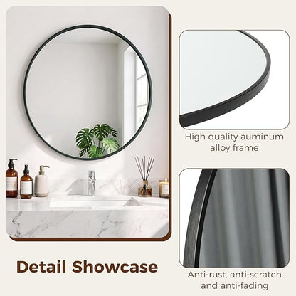 NEWBULIG 30 Inch Round Wall Mirror, Bathroom Mirror for Over Sink, Matte Metal Framed Circle Vanity Mirror, Wall Decor for Bedroom, Anti-Rust, Tempered Glass, Hanging or Leaning, Classic Black