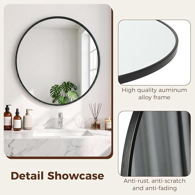 NEWBULIG 24 Inch Round Wall Mirror, Bathroom Mirror for Over Sink, Matte Metal Framed Circle Vanity Mirror, Wall Decor for Bedroom, Anti-Rust, Tempered Glass, Hanging or Leaning, Classic Black