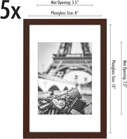 Americanflat 8x12 Picture Frame with Polished Plexiglass - Set of 5 - Use as 6x8 Frame with Mat or Display 8x12 Photo Without Mat - Galleria Collection - Picture Frames for Wall Display - Mahogany