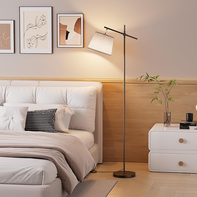 SIBRILLE Floor Lamp with Linen Shade, Dimmable Tall Standing Lamp with Remote Control & 3 Color Temperatures Bulb, Modern Swing Arm Floor Lamps for Living Room Bedroom Office Corner