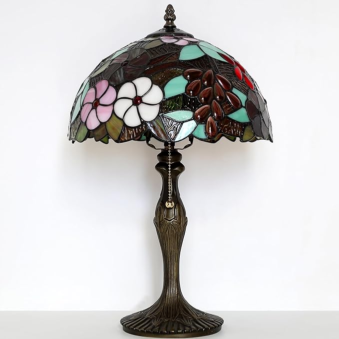 Tiffany Lamp Stained Glass Table Lamp 12 x 19” Grape Style Decorative Lamp Bedside Reading Light for Desk Living Room Bedroom Office Study Light Home Decor Gift