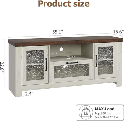 Farmhouse TV Stand for 60 Inch TVs, Wood Entertainment Center with Acrylic Door Storage Cabinets, Adjustable Shelves, Sturdy TV Console Table for Living Room Bedroom, Rustic White