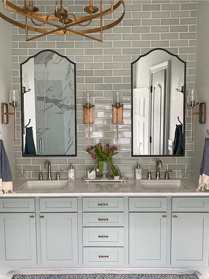 Arched Bathroom Mirror for Wall, 48"x24" Long Scalloped Entryway Mirror with Black Decorative Metal Frame for Living Room, Bedroom, Entryway