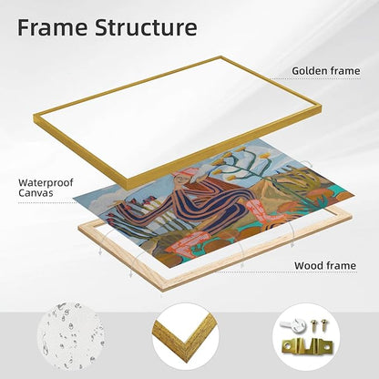 Large Gold Framed Abstract Western Cowboy Wall Art Cowgirl Canvas Print Midcentury Landscape Posters Modern Folk Botanical Painting Pictures California Artwork for Bedroom Home Decor 24x36inch