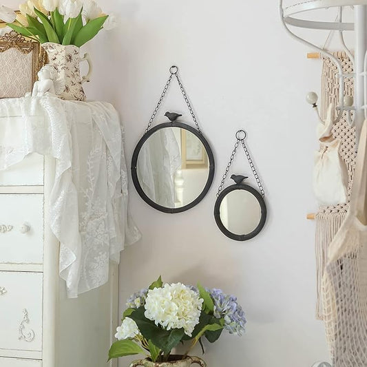 NIKKY HOME 11.2" Decorative Small Hanging Mirrors Vintage Rustic Round Metal Framed Wall Mounted Mirror Decor with Bird for Bathroom Living Room Office, Antiqued Black