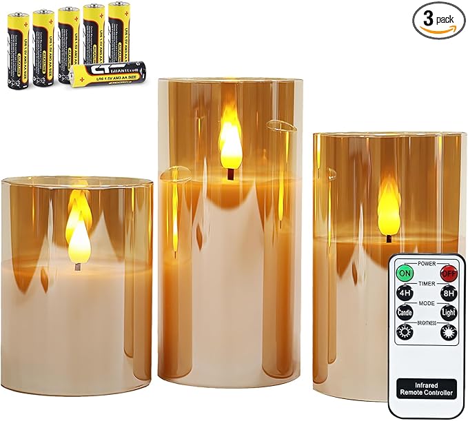 Rhytsing Gold Glass Battery Operated Candles with Remote, Flameless LED Candle Gift Set, Warm White Light - Include 6 Batteries