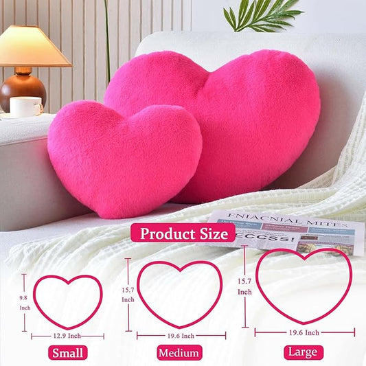 XVTRU Hot Pink Heart Pillows, Cute Heart Decorative Pillow, Heart Shaped Throw Pillows for Bed, Faux Rabbit Fur Plush Hoom Decor Pillow Cushion for Chair Sofa Living Room (Large-19.6"x15.7")