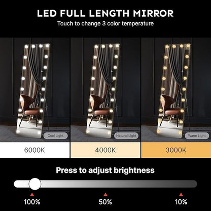 Kosmonia 62x20 Hollywood Full Length Mirror with Light, 20 Dimmable Bulbs & 3 Color Smart Touch Control, Distortion Free, Tempered Glass, Safe Full Body Mirrors with Stand