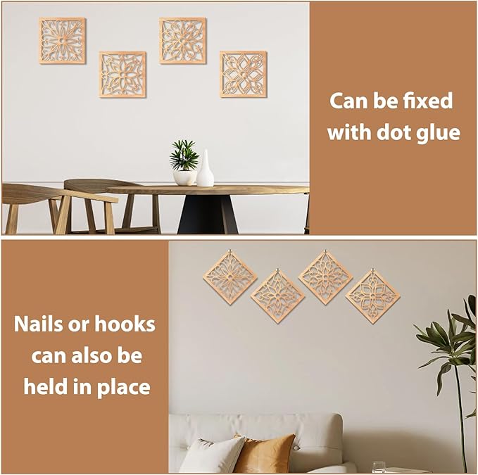KOYILTD 4 Pieces Thicken Rustic Wall Decor,Flower Carved Wall Art,Wooden Hollow Carved Design(Square, 10in)