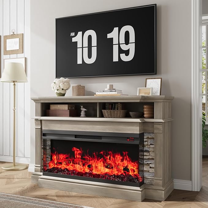 QUW Fireplace TV Stand for TVs up to 65", Farmhouse 52" Fireplace Entertainment Center with 36" 3-Side Glass Electric Fireplace, TV Console with Open Storage Shelves for Living Room, Grey