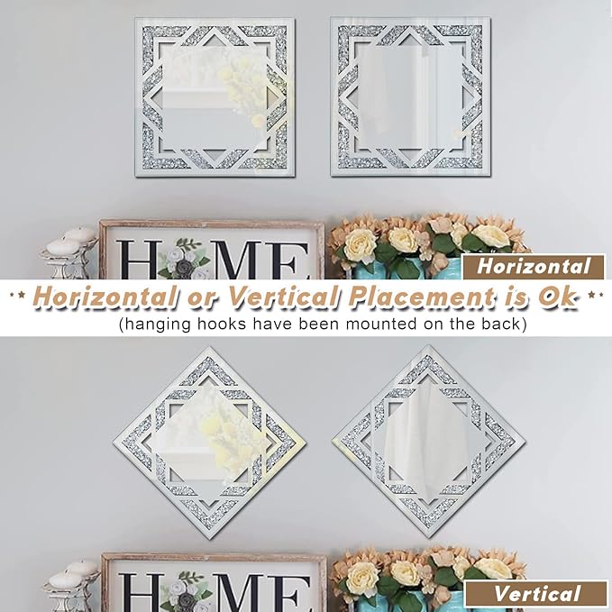 2 Piece Square Hollow Crushed Diamond Decorative Mirror, Silver Crushed Diamond Mirror Decor Wall for Living Room Bedroom Bathroom (12”x12”)