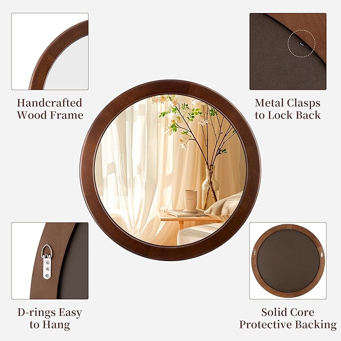 CULER Round Mirrors 30 Inch,Wood Vanity Wall Rustic Mirror with Walnut Frame, Wooden Mirror for Bathroom Bedroom Living Room Or Entryway(Walnut Brown)