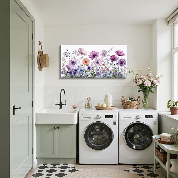 SERIMINO Large Wall Art, Floral Wall Art, Nature Wall Decor, Watercolor Purple Flowers Painting Prints, Botanical Canvas Pictures for Living Room Bedroom Bathroom Kitchen Rustic Farmhouse 20"x40"