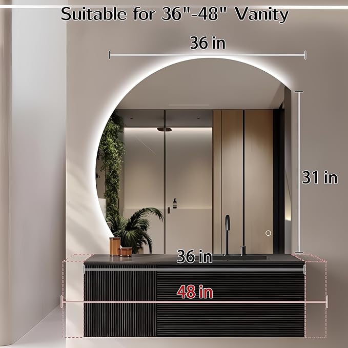 Niccy 36" LED Bathroom Mirror with Lights, Half Moon Led Mirrors, Irregular Backlit Mirrors for Entryway, Anti-Fog, Dimmable, Makeup Mirror, Explosion Proof, Round Lighted Vanity Mirrors, White Light