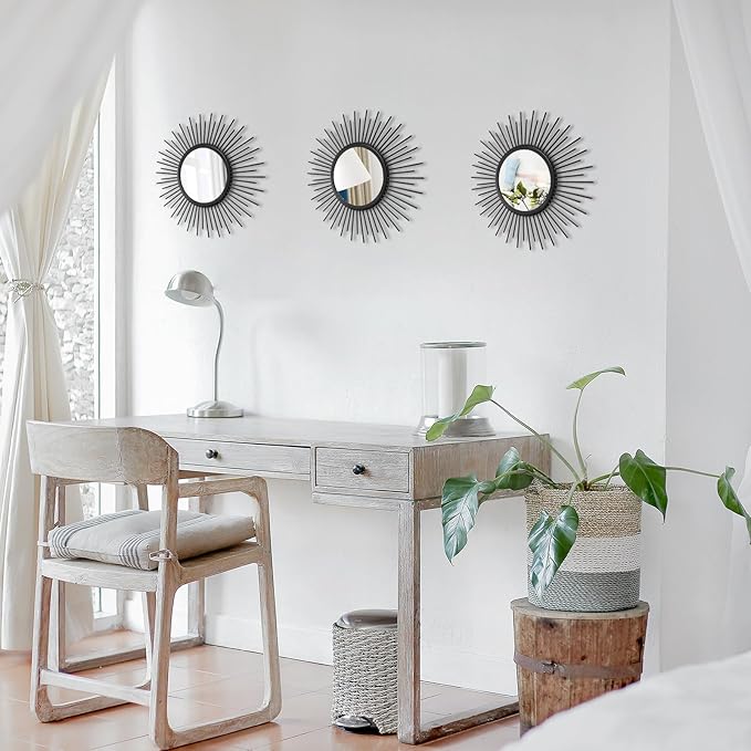 3 Set Sunburst Mirrors for Wall Decor Living Room Bedroom Bathroom Dining Room Metal Boho Sunburst Wall Mirror Set Gold Metal Vintage Circle Art Pack - Black 11.8 in