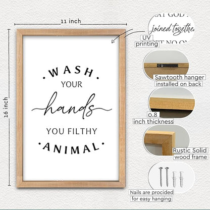 Wash Your Hands Ya Filthy Animal Sign 16"×11" Bathroom Restroom Toilet Laundry Room Humorous Wall Art Decor Funny Quote Washroom for Wood Framed Wall Hanging (Wood)