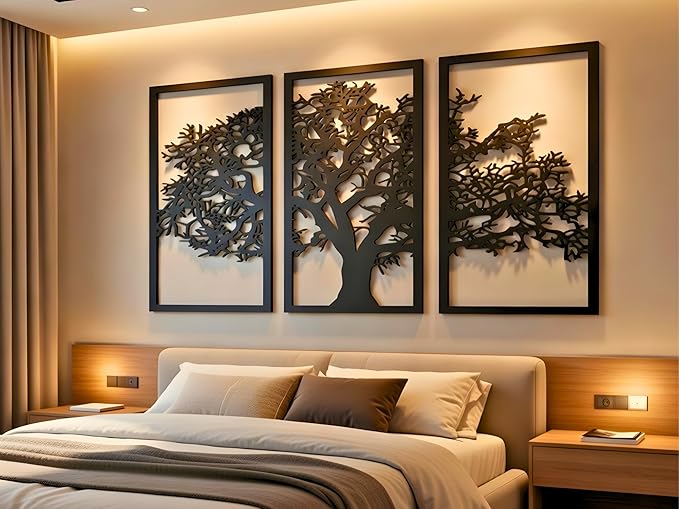 VAILLA Tree of Life Wall Art Decor Set of 3 Wall Hanging Sculpture Modern Wall Home Decoration 3D Textured Sculptures for Living Room Bedroom Office Dinnig Room 3 Panels Family Tree Wall Hangings (55"L x 31"W)