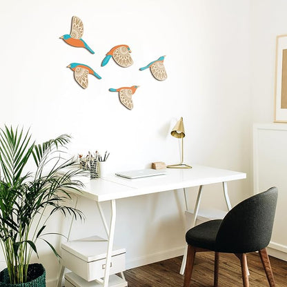 Barydat 5 Pcs Wooden Bird Wall Art Wood Flying Birds Wall Decor Rustic Folk Art Scandinavian Home Decor for Gift Living Room Bedroom Kitchen Office(Teal)