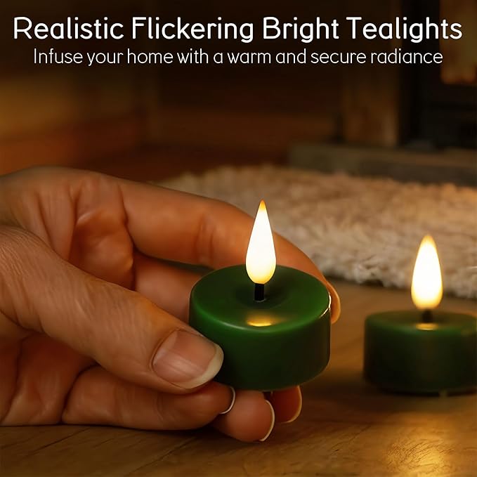 Eywamage Green Flameless Wax Tealights with Remote Batteries, Flickering LED Tea Votive Candles Set of 10