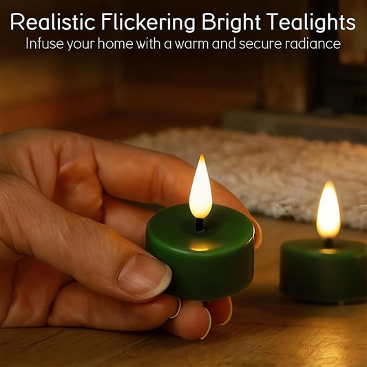 Eywamage Green Flameless Wax Tealights with Remote Batteries, Flickering LED Tea Votive Candles Set of 10