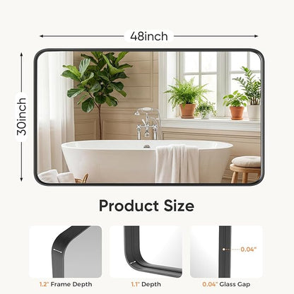 Sweetcrispy Bathroom Wall Mirror, 48x30 Inch Wall Mount Mirror for Over Sink, Modern Rounded Rectangle Vanity Mirror with Matte Metal Framed, for Home Decor, Living Room, Bedroom, Black