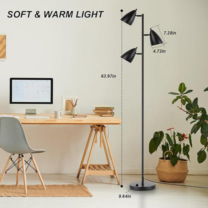 LALISU Tree Floor Lamp for Living Room, Industrial 3-Light Standing Lamp with 3 LED Bulbs, Adjustable Rotation Heads, Standing Tall Pole Lamp Farmhouse Rustic Reading Lamps for Bedroom Office (Black)