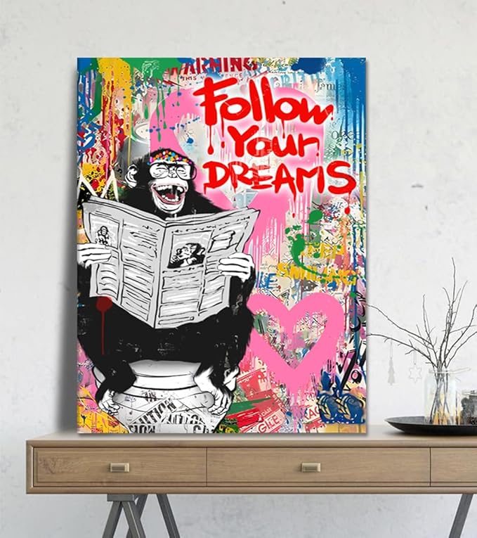 Banksy Art Wall Decor for Men Street Graffiti Canvas Wall Art Monkey on Toilet Painting Prints Follow Your Dreams Framed Artwork for Living Room Bedroom Office Decoration 18x24inch