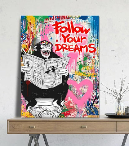 Banksy Art Wall Decor for Men Street Graffiti Canvas Wall Art Monkey on Toilet Painting Prints Follow Your Dreams Framed Artwork for Living Room Bedroom Office Decoration 18x24inch