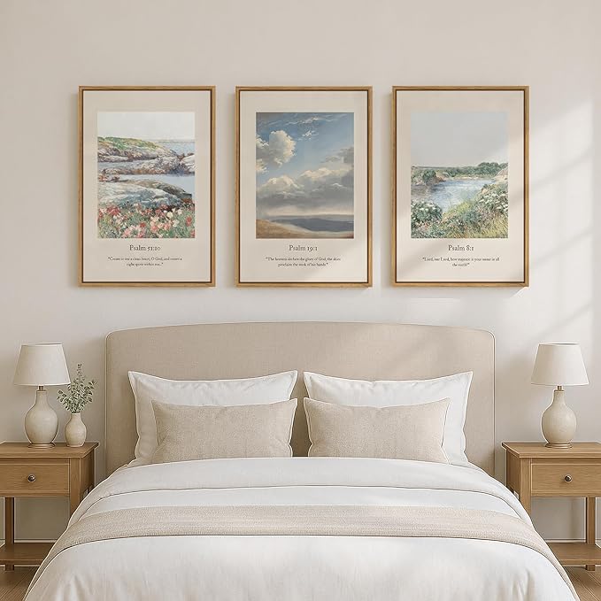 Framed Christian Wall Art for Living Room, Set of 3 Green Landscape Biblical Verse Canvas Prints Artwork for walls, Vintage Psalm Scripture Wall Decor, Dining Room Bedroom Prayer Room, 16x24 Inch