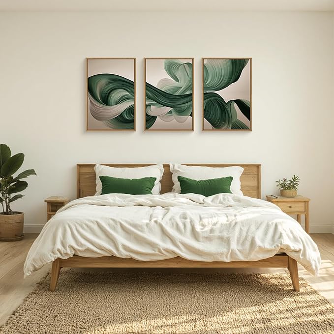 KAIRNE Green Abstract Framed Canvas Wall Art Set,Minimalist Green Lines Wall Decor,Modern Flowing Texture Art Prints,Neutral Smokes Waves Artwork for Living Room,Bedroom,Farmhouse,Office-16 x24 x3